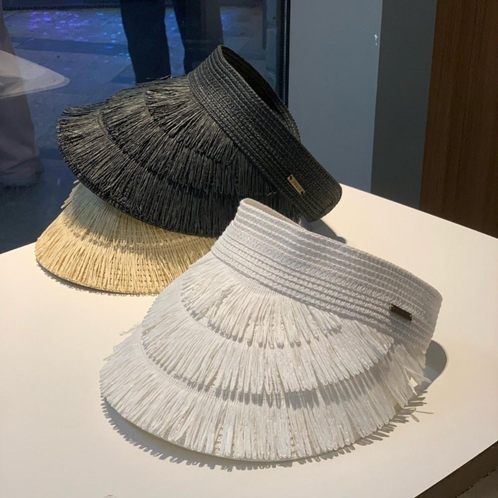 Tassel Sun Hat Wide Brim Empty Top Sun Hat Fashion Straw Hat  Women's