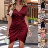 Women's V-neck Mesh Flocking Evening Dress: Short Sleeve, High Waist Elegant Gown for Nightclub and Banquet