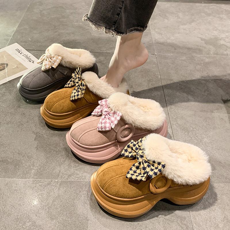 Hairy slippers women's winter cute bow outer wear thick bottom heightened non-slip piled thickened warm bag head cotton mop