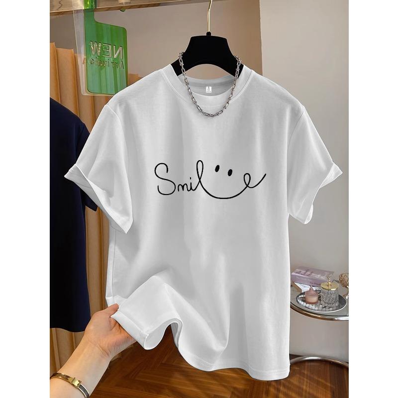 

European Size Women s Fashion Baseboard Printed T-shirt, Soft, Versatile, Simple Fashion Smile Joyful Pattern Crew Neck Top 4XL