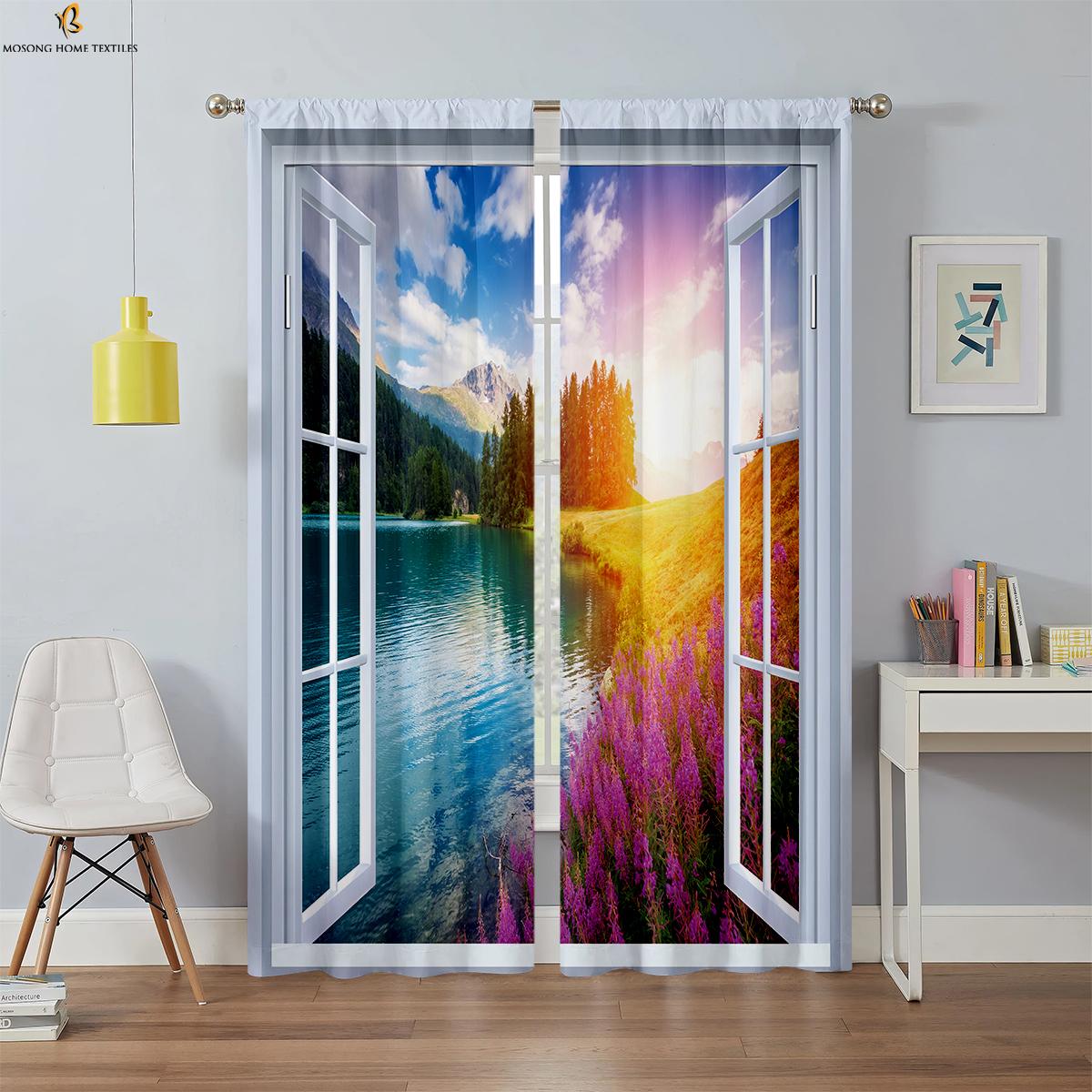 

Printed Curtains Seaside Scenery Outside Window Polyester Fiber Bedroom Living Room Study Decorative Made Of Sitting Decor W100*H130(CM)-Grommet top&2PCS