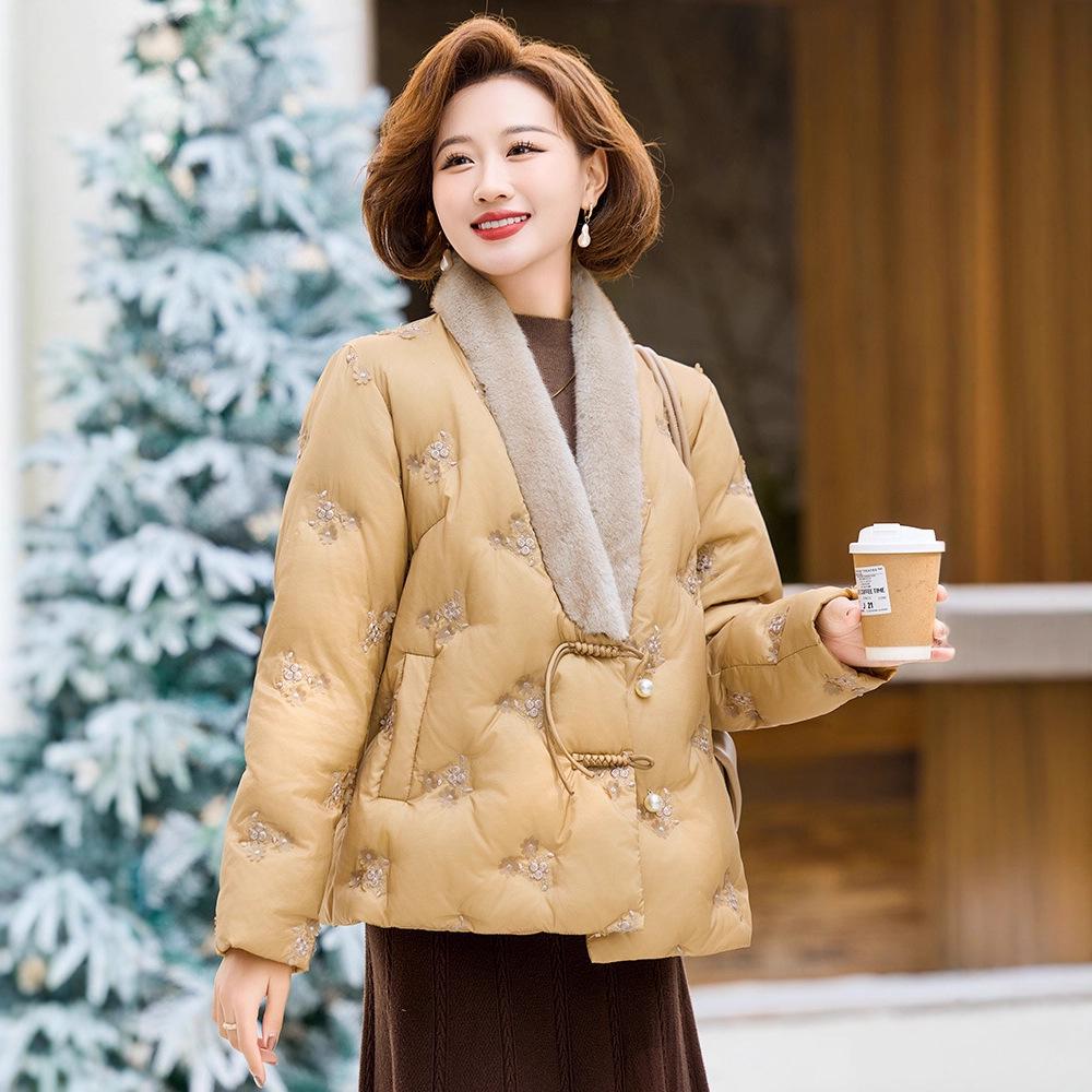 New Arrival: Embroidered Patchwork Down Jacket with Fur Collar for Middle-Aged & Elderly Mothers - Chinese Style Winter Outerwear