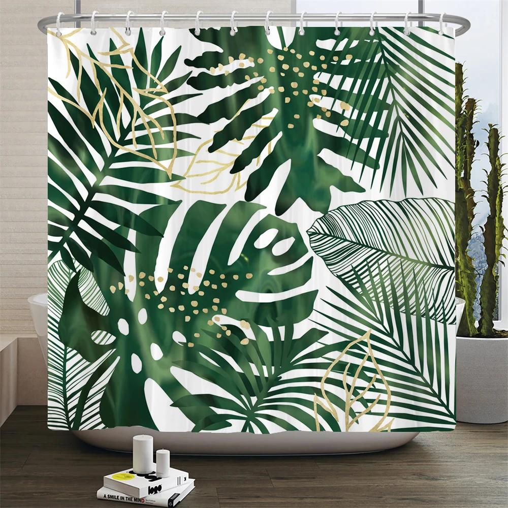 Green Plant Leaves Printed Shower Curtains Waterproof Polyester Curtain with Hook Decoration Bathroom Curtains 3D Shower Curtain