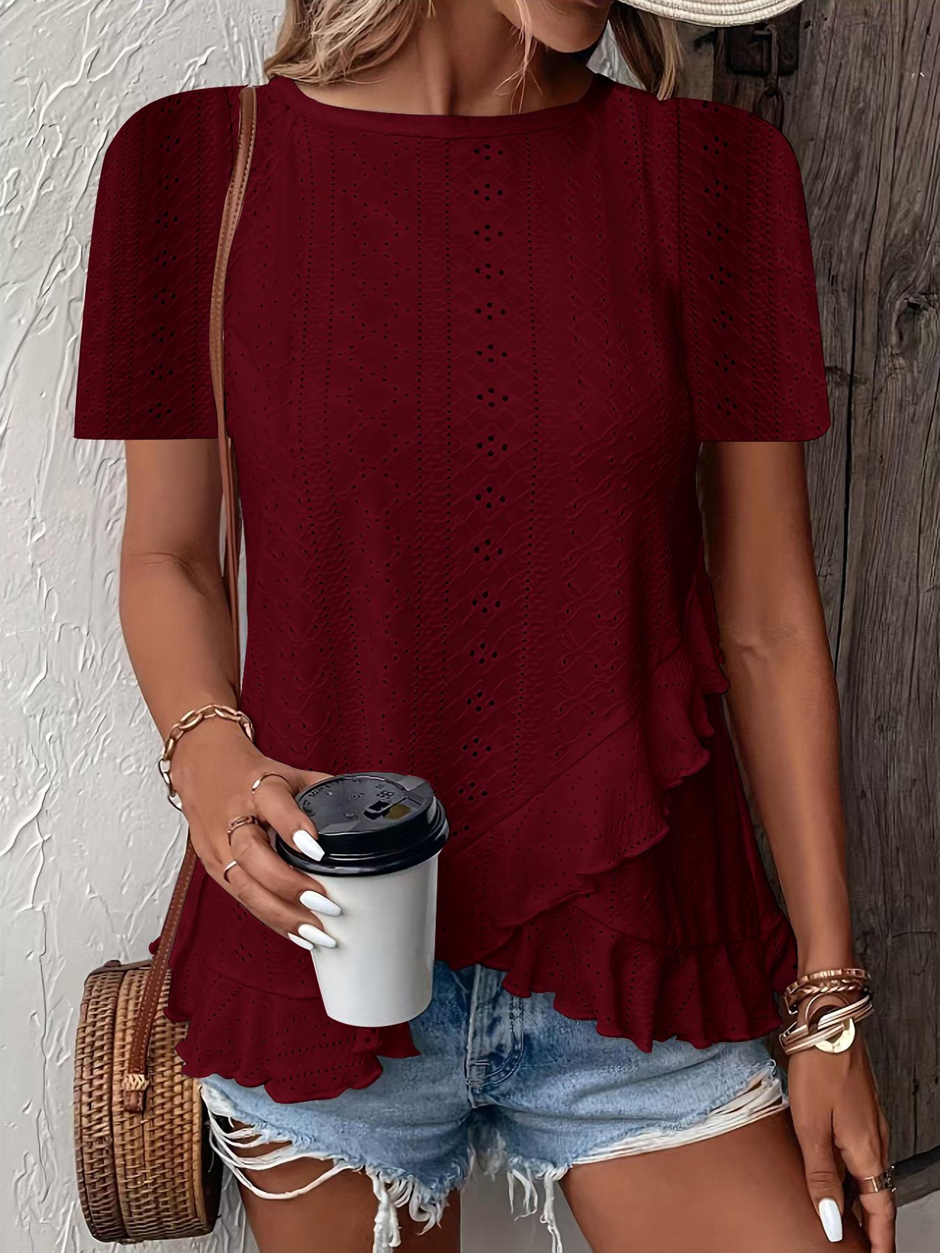 

2026 Spring/Summer Women s Solid Color Casual Crew Neck T-Shirt S вино красного