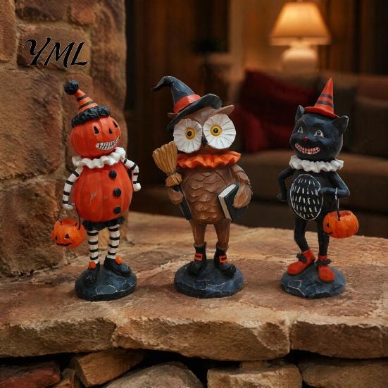 Cute Spooky Shelf Sitters Wooden Halloween Resin Figurines, Pumpkin Scarecrow Wizard Owl Black Cat Holiday Fireplace Mantel Decor Statue, Rustic