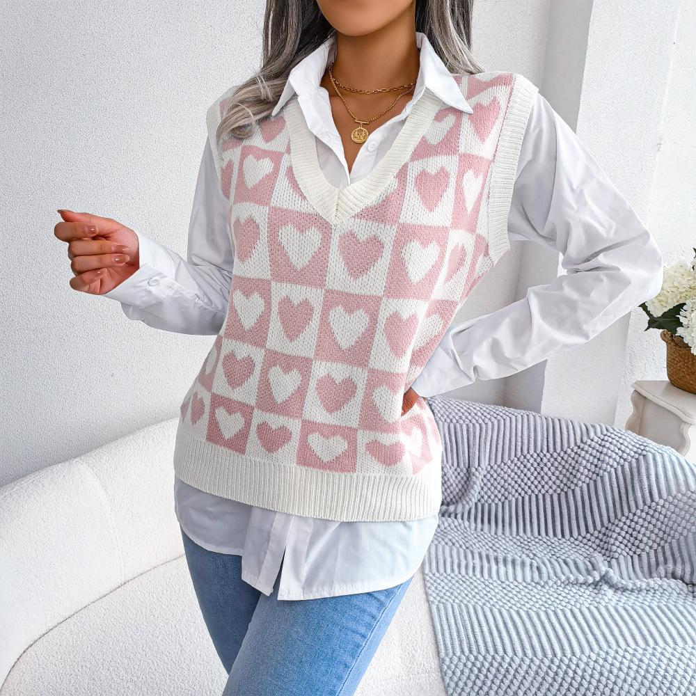 Damen Valentinstag Pulloverweste Ärmellos Liebe Herz Kariert Crop Tanktop Gestrickt V-Ausschnitt Pullover Top