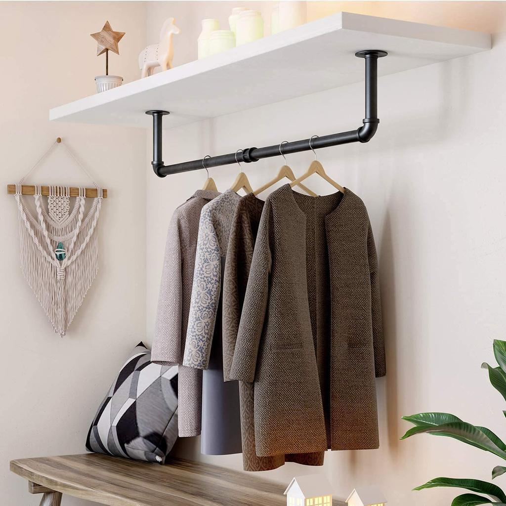 UNHO Hanger Clothes Hanger 92cm Set of Clothes Open Display Black Pipe, Wall-Mounted Rack, Bar, Wide, 2, Wall-Mounted Rack, Black, Iron, Durable,
