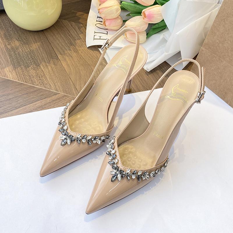Off-white Rhinestone High Heels Women's Thin Heels Summer New Pointed Beautiful Sandals Sexy Royal Sister Single Shoes