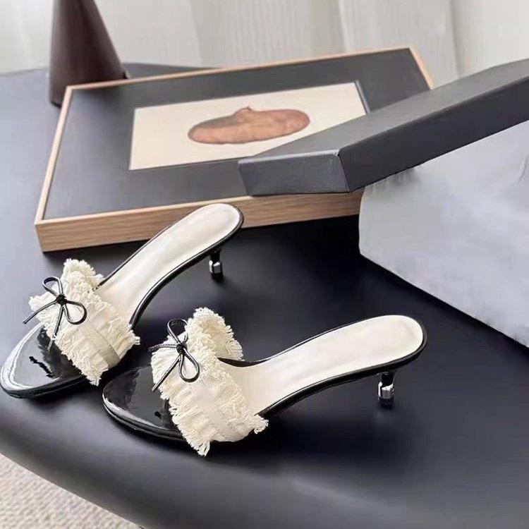 Bow fairy style high-heeled sandals female outer wear 2025 summer skirt not tired feet sandals stiletto one-word slippers