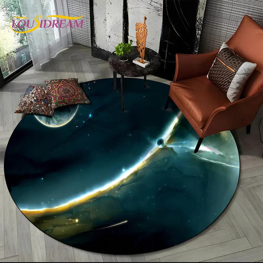 Earth Space Fixed Stars Galaxy Round Area Rug,Carpet for Living Room Children's Bedroom Sofa Playroom Decor,Non-slip Floor Mat