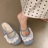 French Gentle Niche Lace Baotou Slippers 2025 New Bow Square Head Shallow Mouth Half Drag One Pedal