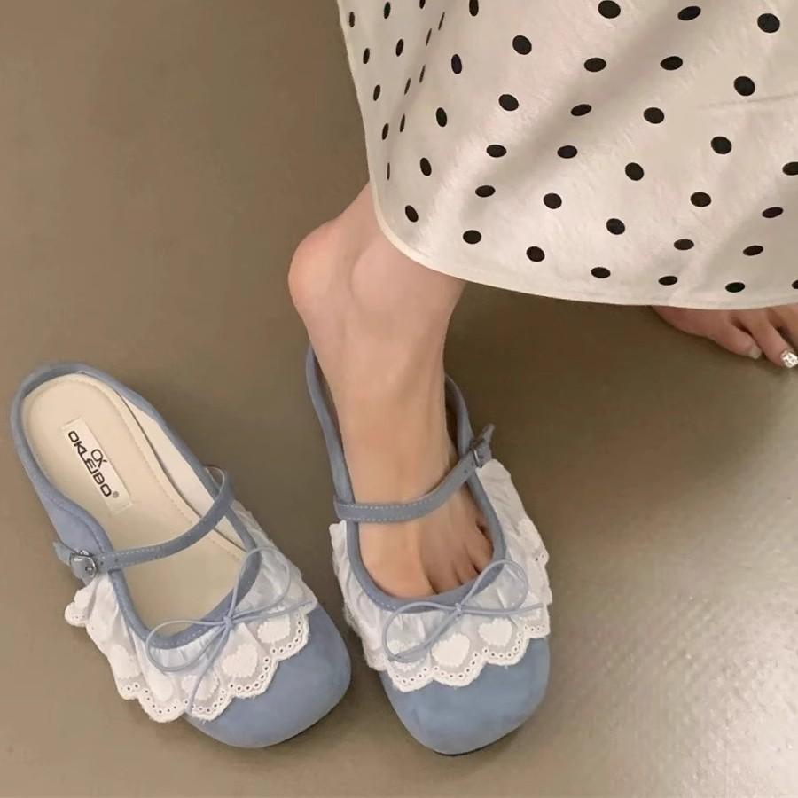 French Gentle Niche Lace Baotou Slippers 2025 New Bow Square Head Shallow Mouth Half Drag One Pedal