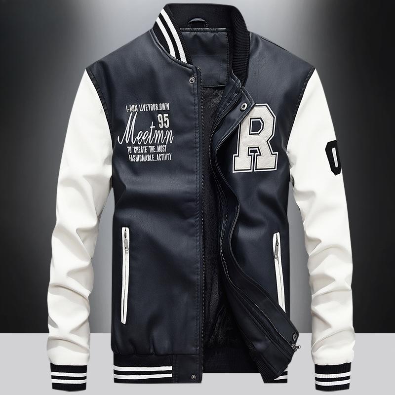 Chaqueta de cuero de otoño e invierno para hombre, chaqueta de cuero de motocicleta de lana, jersey de béisbol juvenil de moda, chaqueta de cuero bordada