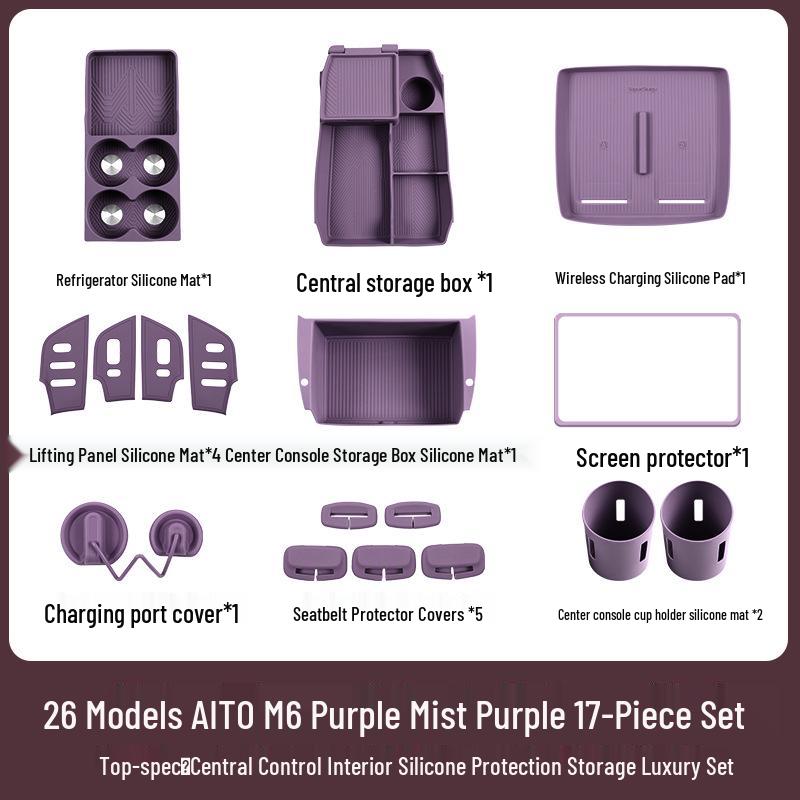 Compatible with 26 AITO M7 models, this silicone car interior set features wireless charging capabilities and decorative modifications.
