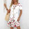 Damskie Modne Eleganckie Piękne Letnie Wiosenne Sukienki Codzienne z Nadrukiem Kwiatowym Krótkim Rękawem Okrągłym Dekoltem