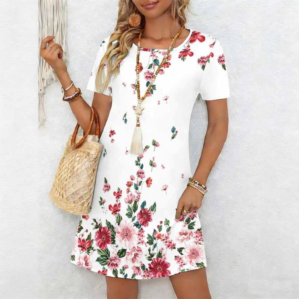 Damskie Modne Eleganckie Piękne Letnie Wiosenne Sukienki Codzienne z Nadrukiem Kwiatowym Krótkim Rękawem Okrągłym Dekoltem