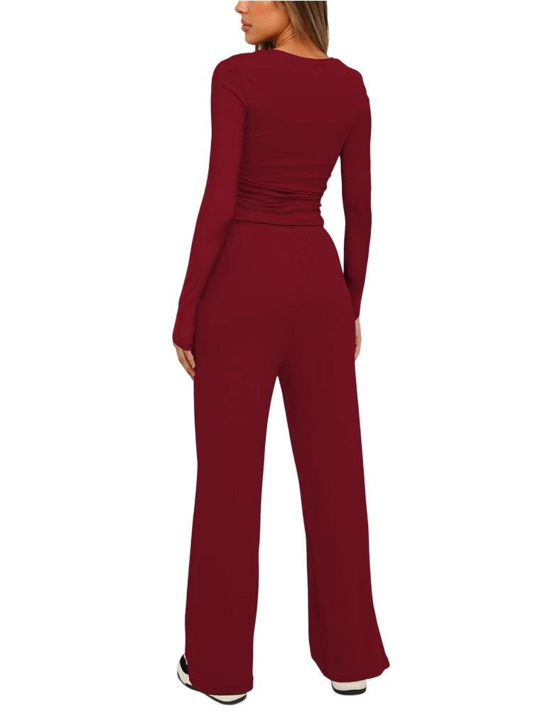 Solid Color Casual Long Sleeve Set Top High Waisted Wide Leg Pants Sportswear