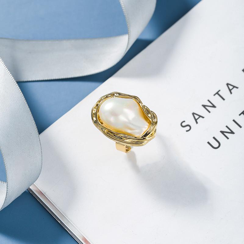 

Exaggerated Metallic Texture Irregular Ring with Pearl Inlay Adjustable Open Size