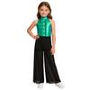 Meisjes Mock Neck Mouwloze Jumpsuit Metallic Bodice Ruches Wijde Pijp Rits aan de Achterkant Jazzdans Kostuum