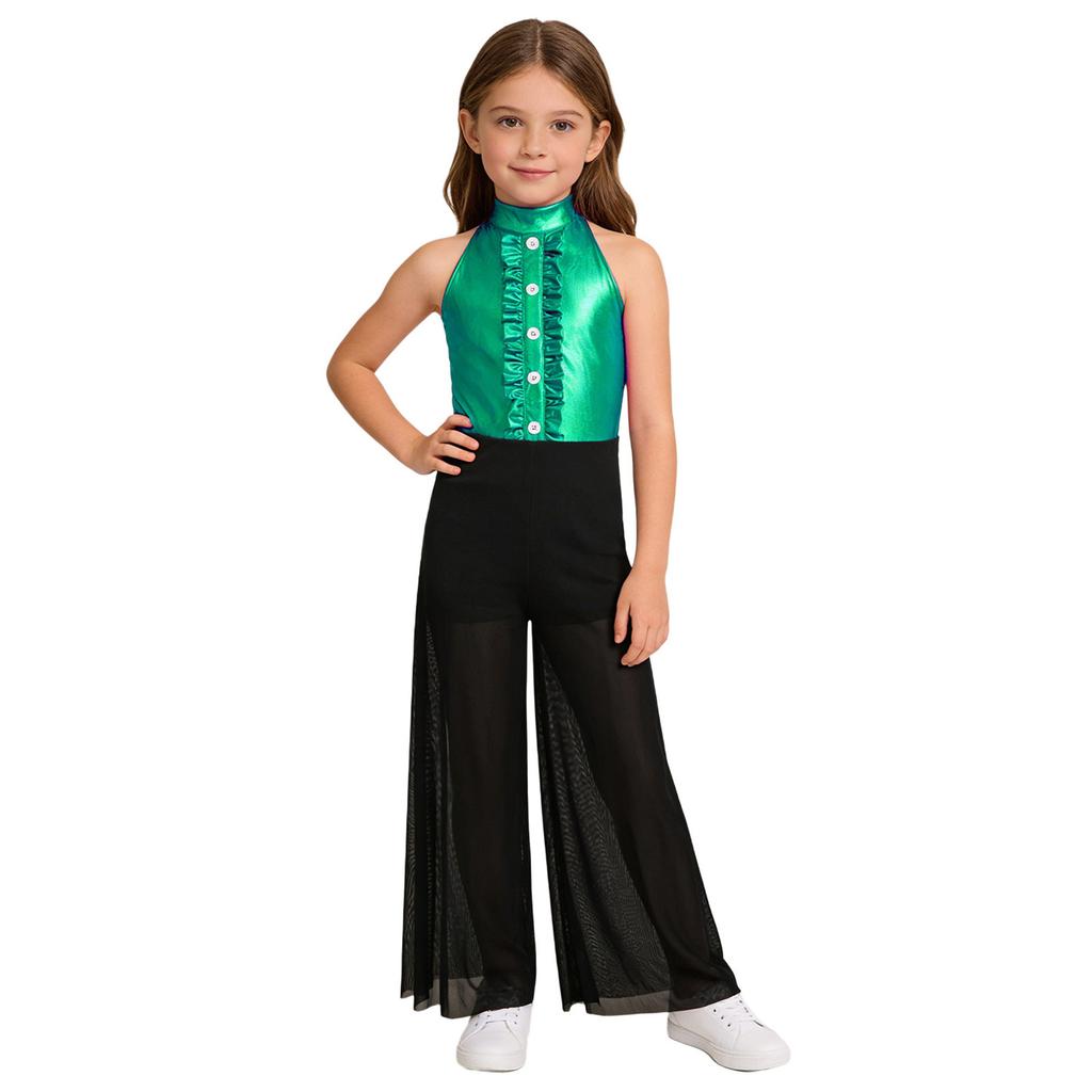 Meisjes Mock Neck Mouwloze Jumpsuit Metallic Bodice Ruches Wijde Pijp Rits aan de Achterkant Jazzdans Kostuum