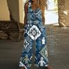 Women's Fashion Casual Button-down Sleeved Jumpsuit Retro Color Block Stitching Printed Cotton Pocket Jumpsuit
