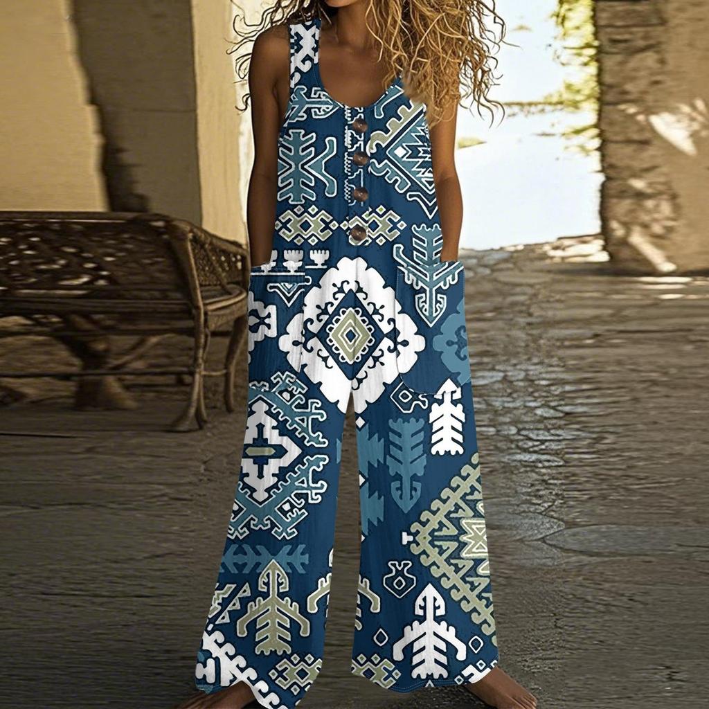 Women's Fashion Casual Button-down Sleeved Jumpsuit Retro Color Block Stitching Printed Cotton Pocket Jumpsuit