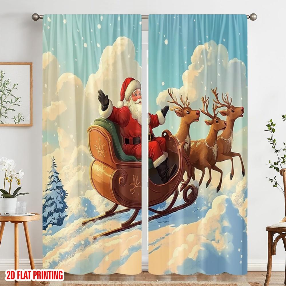 2pcs,2D Plane Printing Contemporary Curtains Santa Claus Sleigh and Reindeer7 (3) Versatile Polyester Fabric (without Rod) Room