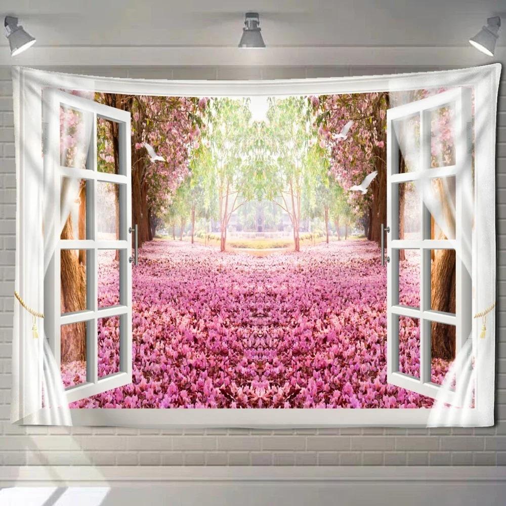 Home decoration natural ecological beach scenery imitation window paper art tapestry background wall room beautiful living room
