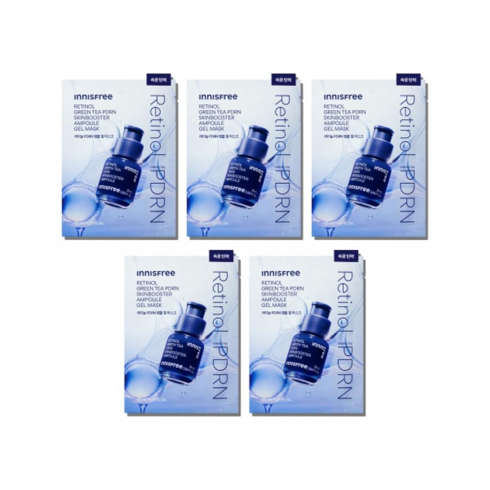 Innisfree [5 Sheets] Retinol Green Tea Pdrn Skin Booster Ampoule Gel Mask 25ml [fast Light Elasticity] FREE