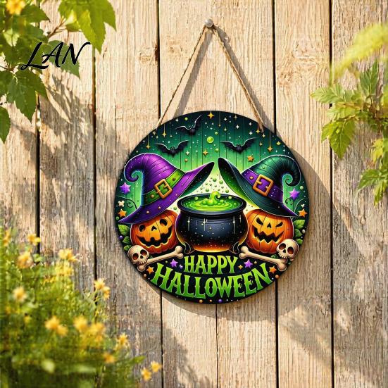 Halloween Gift for Friends Happy Front Door Hanging Sign, Retro Round Witch Hat Magic Cauldron Horror Fantasy Dark Theme Decor Wooden Welcome Pendant