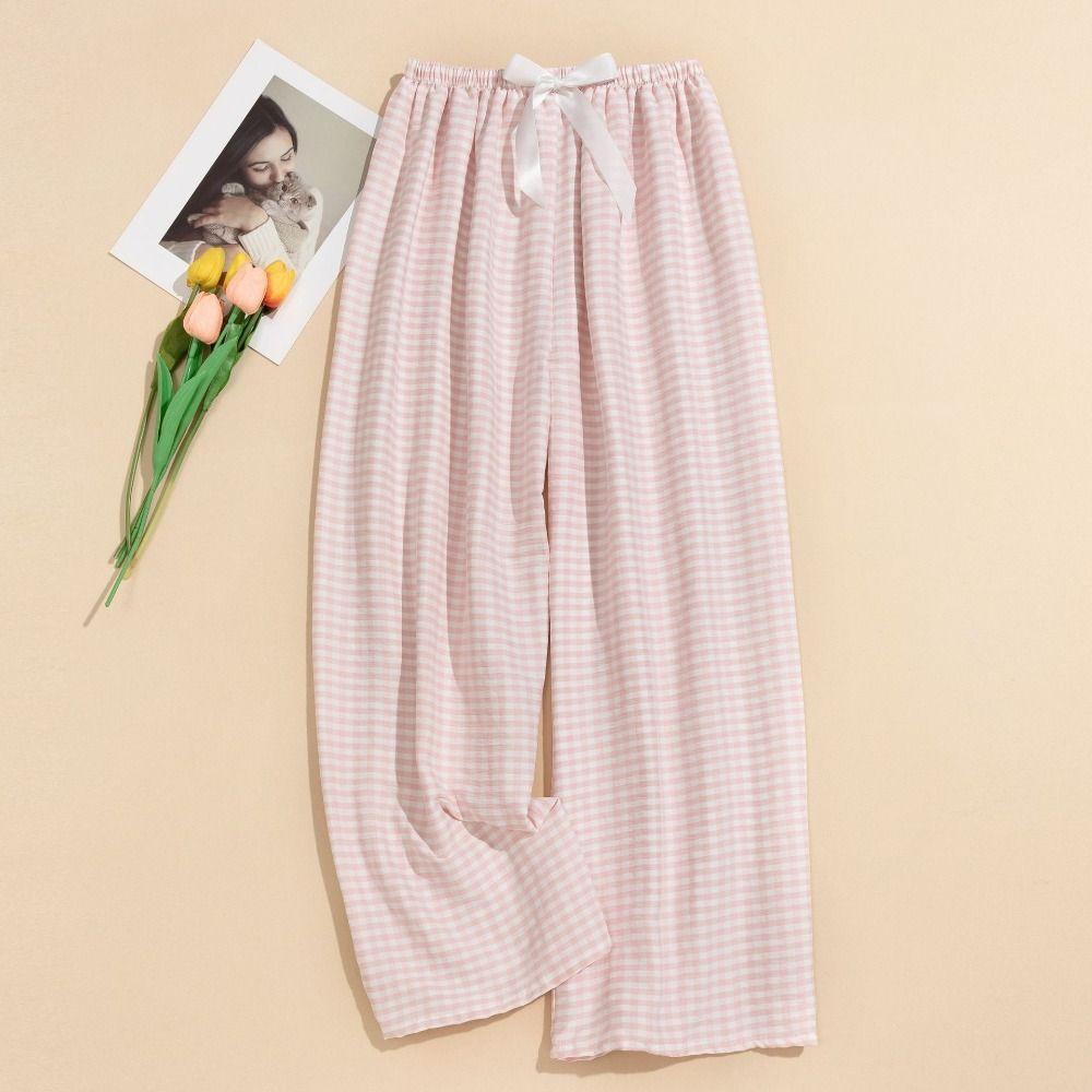 Sweet Plaid Pajama Pants High Waist Wide Leg Home Trousers Soft Casual Pants Women Spring Autumn