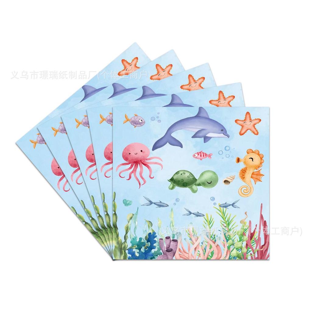 Underwater Dolphin Animal Tableware Birthday Party Decorations: Disposable Ocean-Themed Paper Plates, Cups, Napkins, and Tablecloth Set