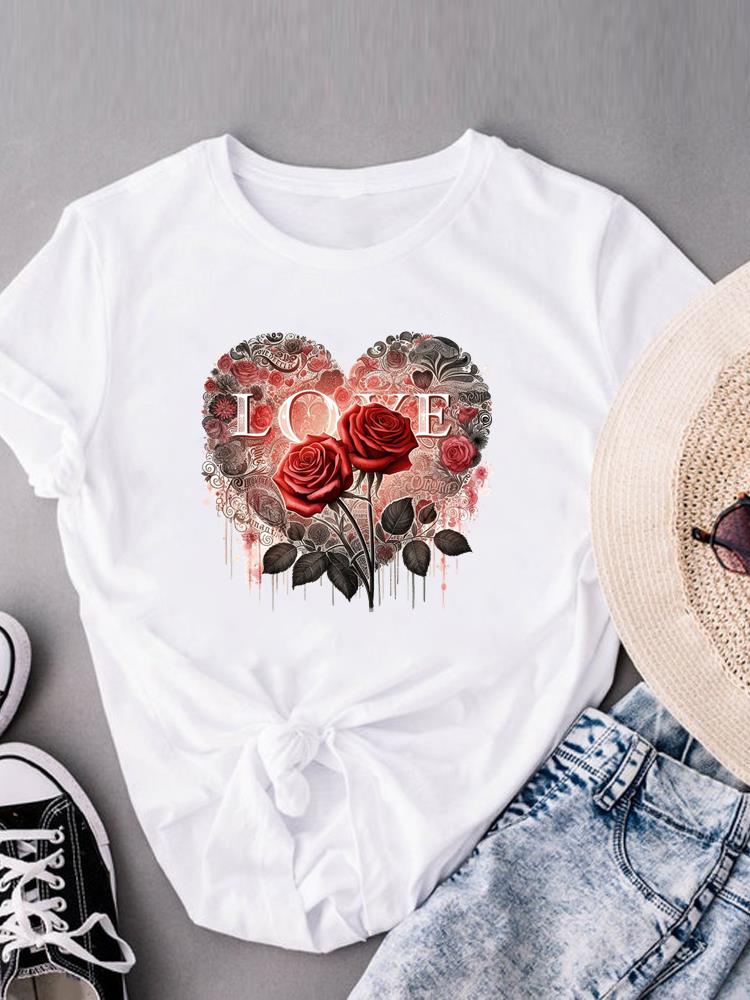 (Asian Size) Lovely Flower Trend Cute Women's Top Fashion T Clothing Print Female Casual  Short Sleeve T-shirts Graphic Tee