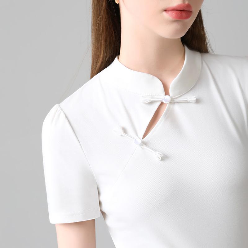 Short-sleeved T-shirt for Women's Summer New Chinese Style Women's Solid Color Stand Collar Cotton T-shirt New Chinese Style Slanted Placket Top