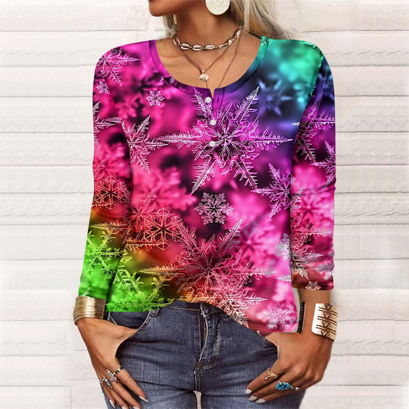 

Женская модная повседневная футболка с рождественским принтом и длинными рукавами на пуговицах M