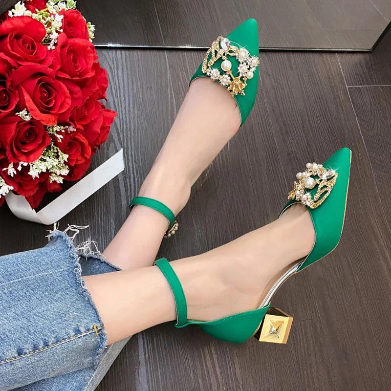 Fashion ZOKI Fashion Pearl Buckle Square Heels Pumps Women Pointed Toe Bling Crystal Party Shoes Woman Elegant Med Heels Bride Shoes