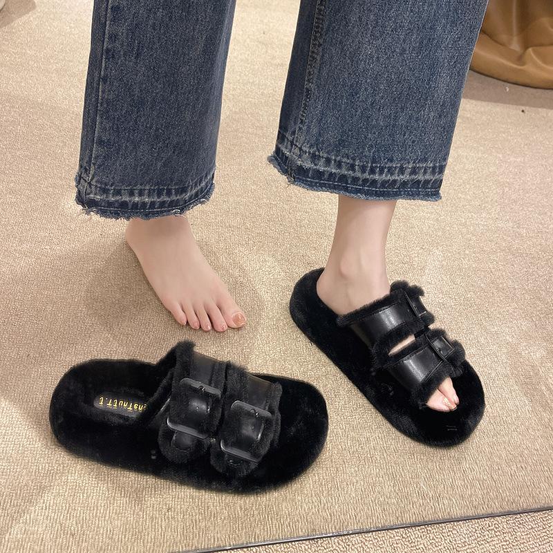 Niche thick-bottomed fluffy slippers women's fashion buckle with autumn and winter one-word mop 2025 new velvet warm cotton mop