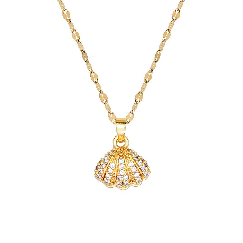 Women's Fashion Titanium Steel Shell Pearl Necklace with Zircon Clavicle Chain