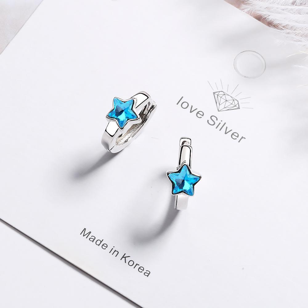 Blue Five-Pointed Star Crystal Earrings - Korean Style, Unique Copper Design