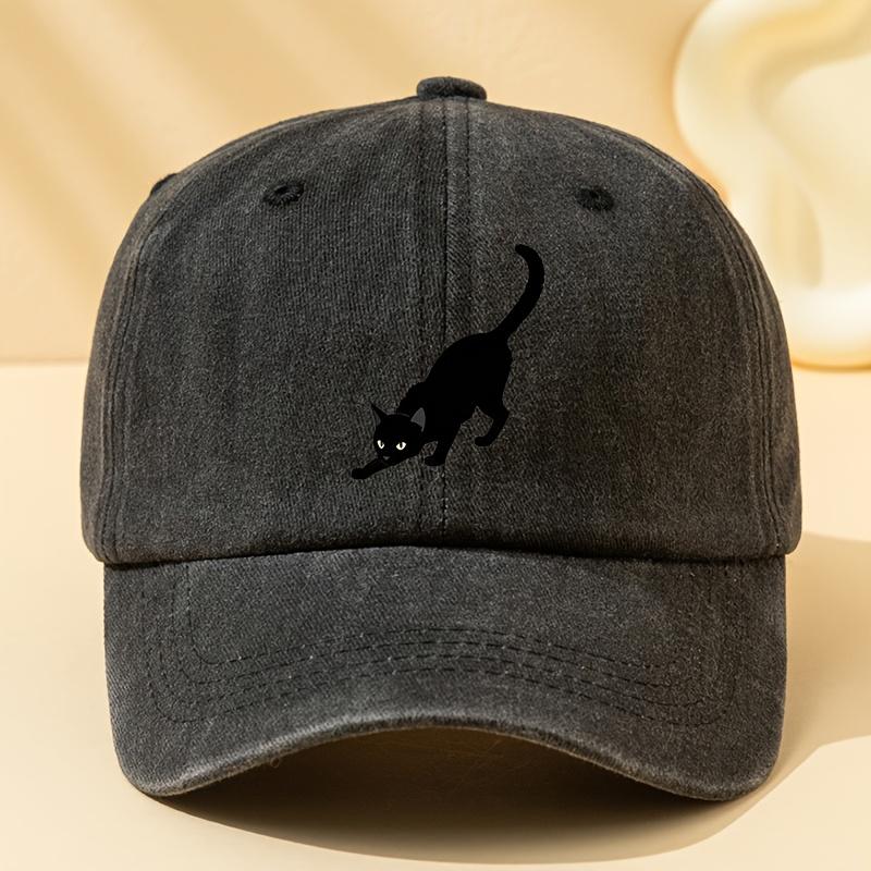 Classic European And American Style Black Cat Printed Baseball Cap for Men, Featuring a Washed Vintage Design, Adjustable Size,