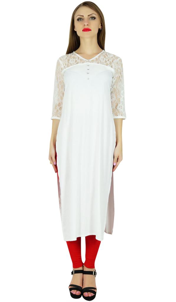 Bimba Women White Rayon Kurta Kurti Lace Sleeves Summer Day Tunic Blouse
