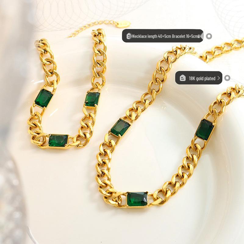 Custom Cuban Thick Chain Necklace & Bracelet Set with Green Glass Stones - Colorfast Jewelry