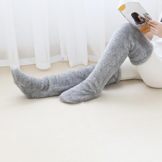 Fuzzy Thigh-High Socks Fluffy Leg Warmers Thickened Plush Over The Knee Socks with Sole Holes for Winter Home Lounging Sleeping