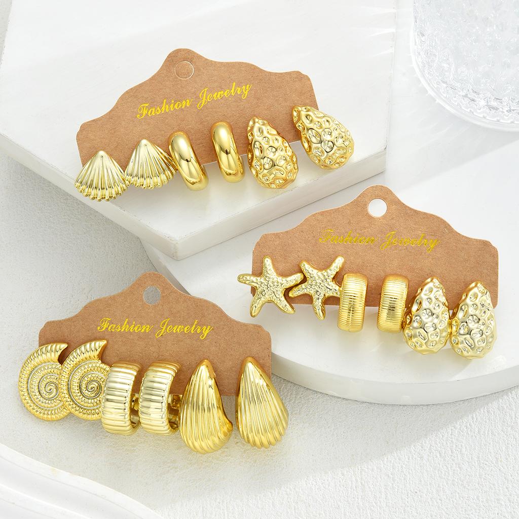 9 Pairs Gold Color Ocean Beach Earring Set For Women Starfish Shell Conch Seashell Chunky Textured Stud Earrings Summer Jewelry