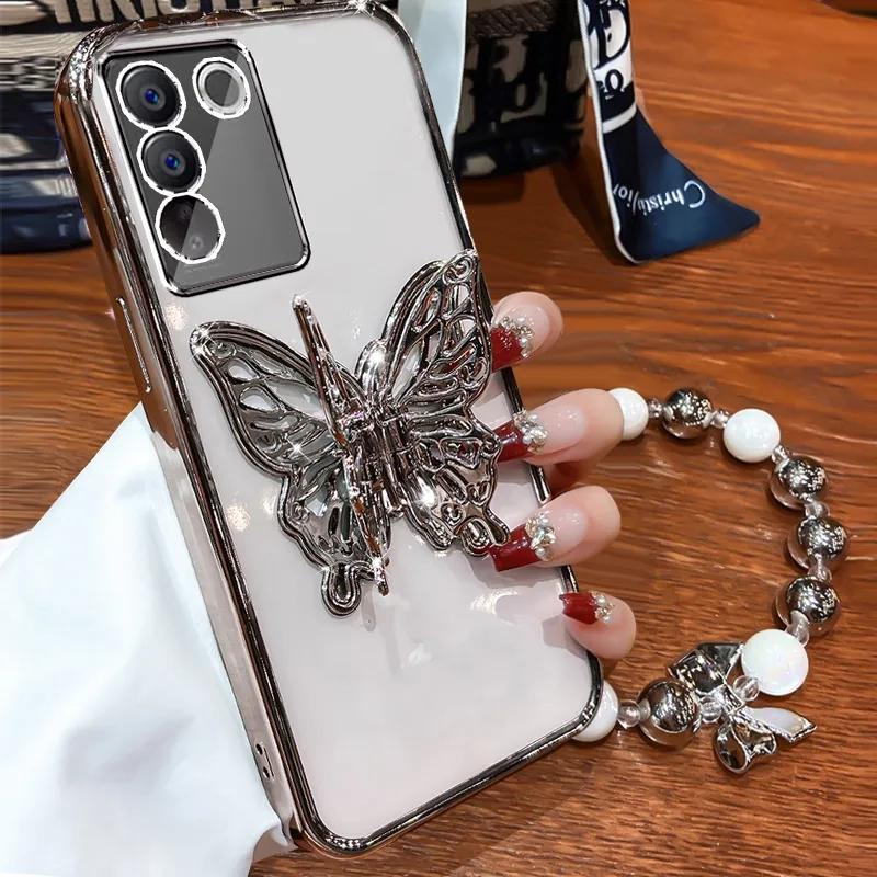 3D Butterfly Phone Holder Bead Bracelet Glitter Plating Case for Samsung Galaxy S24 S23 S22 S21 S20 FE Ultra S10 Plus Cover