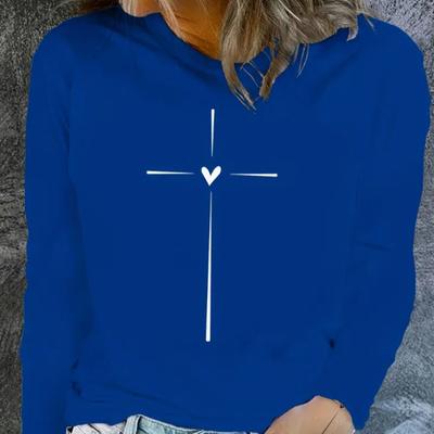Tops For Women Simple Cross Love Print Round Neck Long Sleeve T-shirt Fall Casual Slim Pullover Women's Long Sleeve Top