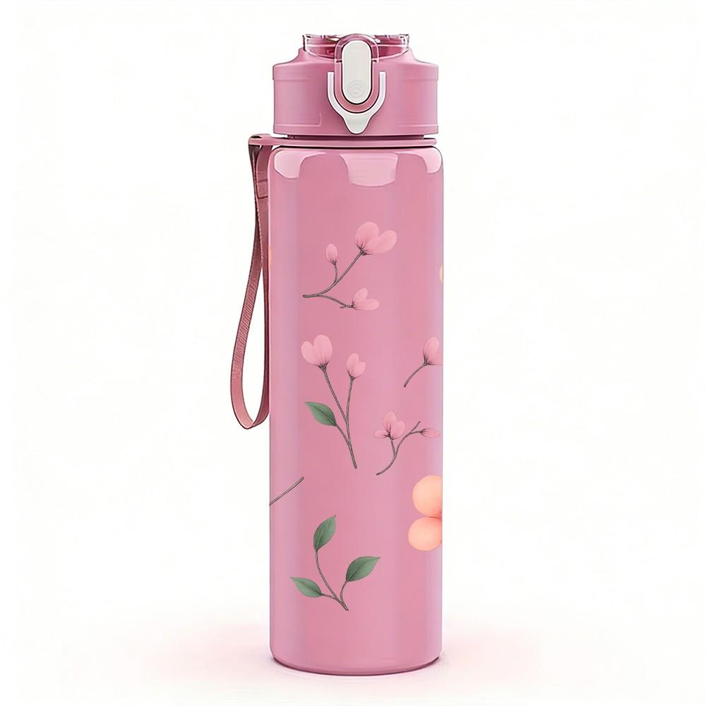 1PC Simple Pink Flower Pattern 750ml Color Plastic Sports Water Bottle Leakproof Flip Straw Lid Suitable for Sports Office Home Use
