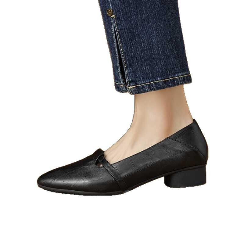 French Retro Low-heeled Leather Shoes for Women New Spring and Autumn Microfiber Pointed Toe Shallow Mouth Single Shoes for Grandma Shoes