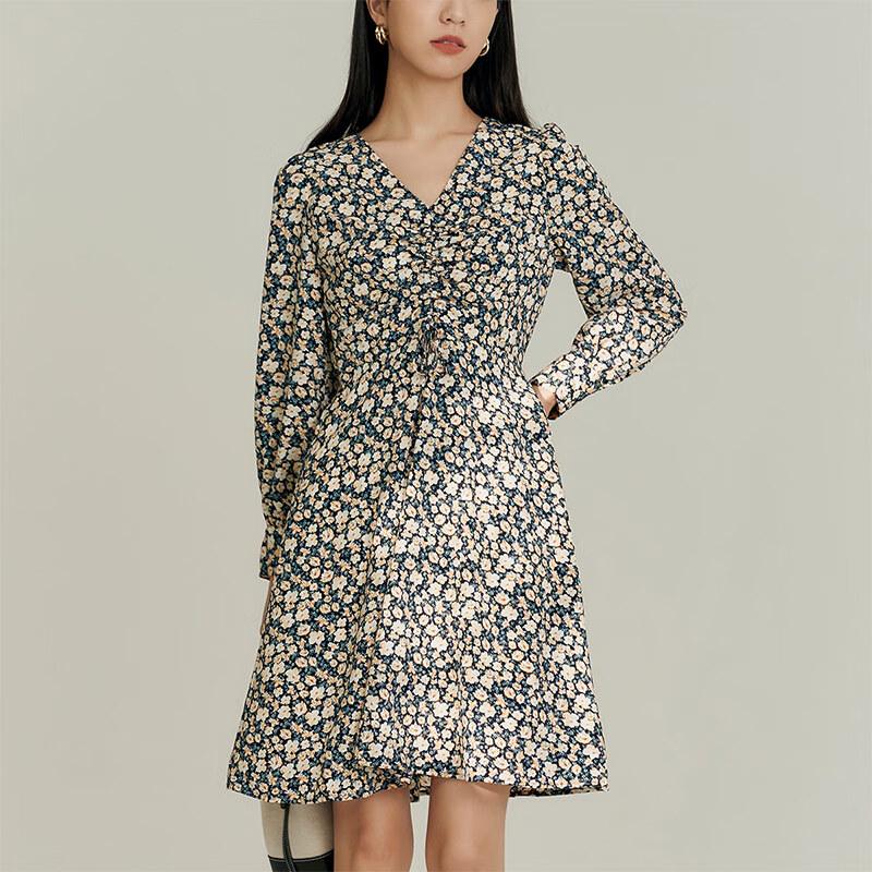 

Drawstring Waist Floral V-Neck A-line Dress M