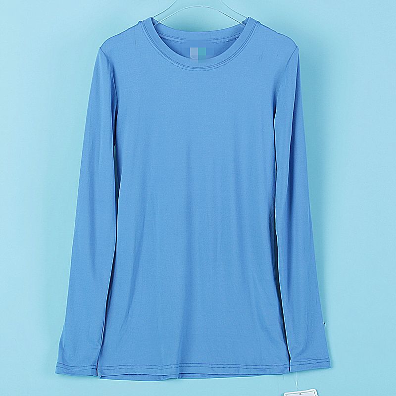 

216 Boutique Export round Neck Long Sleeves T-shirt S73020 Spring & Fall Pure Color Stretch Silm Sports Casual Bottoming Top 1 Light Blue S